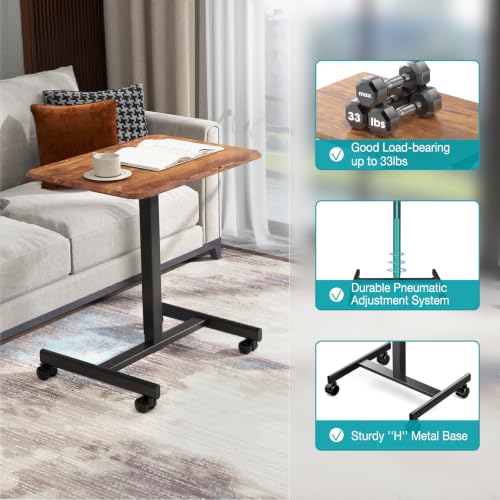 DUMOS Mobile Small Standing Desk, Laptop Desk, Home Office | Portable Rolling Design, 2 Lockable Wheels, Adjustable Height Computer Workstation, 19 Inch, Brown - color: Brown