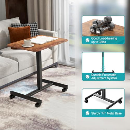 DUMOS Mobile Small Standing Desk, Laptop Desk, Home Office | Portable Rolling Design, 2 Lockable Wheels, Adjustable Height Computer Workstation, 19 Inch, Brown - color: Brown