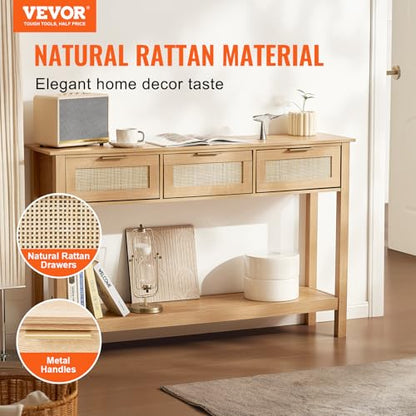 VEVOR Rattan Console Table with 3 Storage Drawers, Rattan Entryway Table with Natural Rattan Sliding Door, Console Sofa Table for Living Room, Study, Entryway Or TV Wall, Natural - size: 3 Drawers