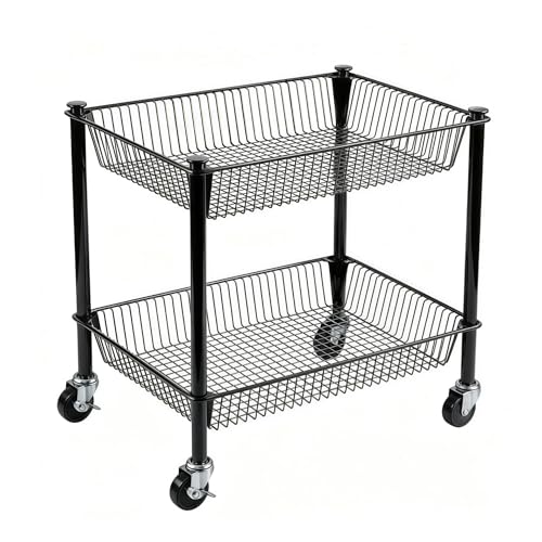 2 Tier Rolling Pantry Cart on Wheels Thick Metal Pantry Floor Organizer Small Utility Cart for Small Space, Fruit Vegetables Rack for Kitchen, Under Desk Storage Onion Potato Storage Basket, Black - color: Black, size: 2 Tier