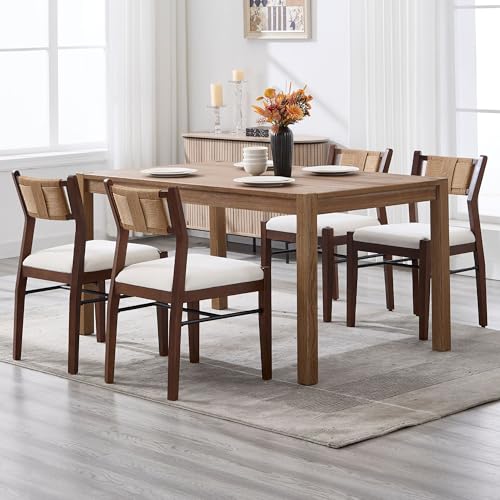 BESTANO Modern Armless Dining Chairs with Rope Woven Back Set of 4, White Chenille Upholstered Kitchen & Dining Room Chairs, Mid-Century Classic Farmhouse Wooden Side Chair - color: White, size: 4 Chairs