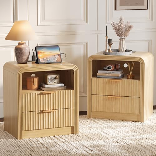 Decofy Fluted 2-Drawer Nightstand Set of 2 with Charging Station, Oak | Open Shelf, USB and Type C ports, Curved Profile, Gold Handles, 19.7'' Wood Bedside Table - color: Natural Oak, size: 2 Drawer( 15.5"D x 19.6"W x 24"H)