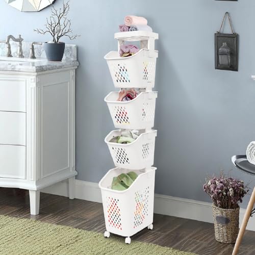 4-Tier Laundry Basket Holder, Utility Laundry Basket with Wheels Clothes Storage Organizer Cart Removable Rolling Laundry Hampers for Bathrooms Bedrooms Kitchen (4-Tier) - size: 4-Tier