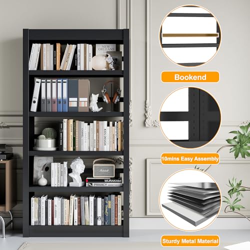 OSEILLC Bookcase, 5-Shelf Heavy Duty Metal Bookcase, Adjustable Bookshelf with Large Capacity, Book Shelf for Home Office, Living Room, Garage (Black) - color: Black, size: 69"H x 31.5"W