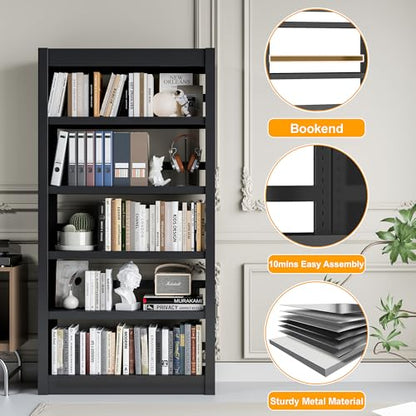 OSEILLC Bookcase, 5-Shelf Heavy Duty Metal Bookcase, Adjustable Bookshelf with Large Capacity, Book Shelf for Home Office, Living Room, Garage (Black) - color: Black, size: 69"H x 31.5"W