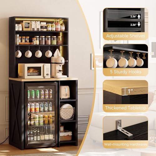 IRONCK Bakers Rack with Mini Fridge Space & Power Outlets, 69.3" Coffee Bar Station with LED Lights, 7-Tier Kitchen Microwave Stand with Hooks & Wooden Backboard, Space-Saving Utility Organizer, Black