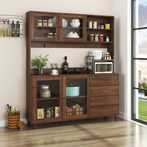63" W Large Kitchen Hutch Cabinet, Freestanding Pantry Storage Cabinet with Hutch, 4 Doors 4 Drawers & Microwave Shelf, Buffet Sideboard Cupboard for Dining Room Kitchenette, Walnut - color: 05 Walnut