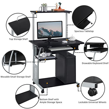 Topeakmart Compact Rolling Computer Cart with Keyboard Tray & Shelf, Black | Space-saving footprint, printer shelf, keyboard tray, smooth-rolling wheels, lightweight steel frame, for dorm, bedroom. - color: Black