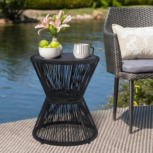SUNNYPARK Small Outdoor Side End Table Modern Hourglass Style 20" H | Tempered Glass Top, Hand-Woven Rope, Easy Assembly, All Weather, Round Accent Table for Coffee Patio Balcony Poolside - color: Black