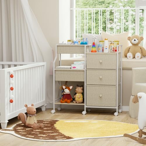 Modanais Baby Organizer and Storage - 3 Tier Rolling Cart with Dividers and Drawers, Easy To Assemble, Mobile Utility Cart with Wheels for Nursery, Bedroom, Changing Table & Crib,Off White | Detachable Dividers, 3 Tier Rolling Cart, Mobile Utility Cart wi