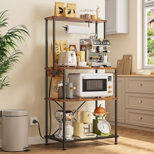 Superlele 4 Tier Baker's Rack with Charging Station, Kitchen Coffee Bar Table with Power Outlets & Paper Towel Holder, 23.6x13x49.2'' Industrial Standing Microwave Shelf for Small Spaces, Rustic Brown - color: Brown, size: 23.6x13x49.2''(with Power Outlet