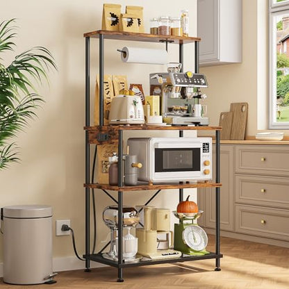Superlele 4 Tier Baker's Rack with Charging Station, Kitchen Coffee Bar Table with Power Outlets & Paper Towel Holder, 23.6x13x49.2'' Industrial Standing Microwave Shelf for Small Spaces, Rustic Brown - color: Brown, size: 23.6x13x49.2''(with Power Outlet