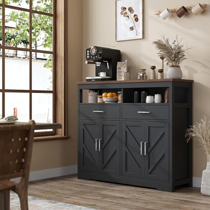 knoworld Buffet Sideboard with Storage Farmhouse with 4 Doors, 47'' Large Kitchen Storage Cabinet Wood Coffee Bar Cabinet Buffet Table with Shelves for Kitchen, Dining Room, Entryway, 47" W Black