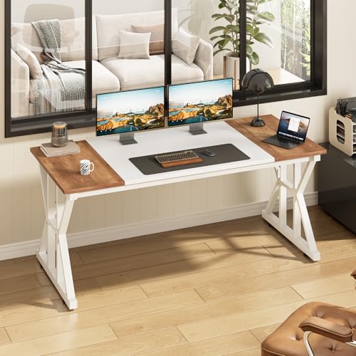 TVU Computer Desk, 55 inch Large Office Desk, Study Writing Table with Thicken Frame, Gaming Desk, Modern Simple Desk for Home Office, Brown/White - color: Brown+white, size: 55inch