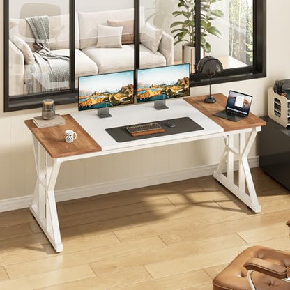 TVU Computer Desk, 55 inch Large Office Desk, Study Writing Table with Thicken Frame, Gaming Desk, Modern Simple Desk for Home Office, Brown/White - color: Brown+white, size: 55inch
