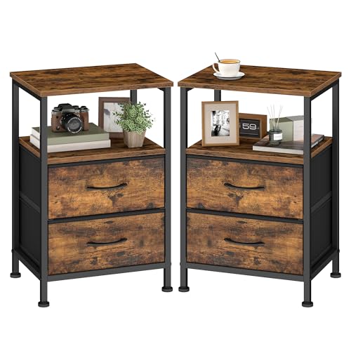 SONGMICS Nightstand, Bed Side Table, End Table with 2 Drawers | 1 Open Shelf, Industrial, Set of 2, Rustic Brown, BELLAH Collection ULGS062K101S - color: Rustic Brown, style: 2 Drawers-2Pc