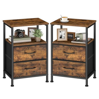 SONGMICS Nightstand, Bed Side Table, End Table with 2 Drawers | 1 Open Shelf, Industrial, Set of 2, Rustic Brown, BELLAH Collection ULGS062K101S - color: Rustic Brown, style: 2 Drawers-2Pc