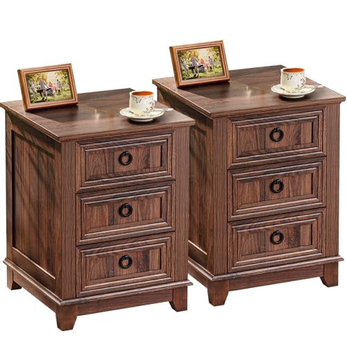 Joaxswe Farmhouse Nightstand Set of 2, 18 Inch End Table with 3 Drawer Metal Handle, Dresser for Bedroom, Sofa Bed Side Table Chest of Drawers,Wood Night Stand Cabinet for Organizer, Living Room-Brown - color: Brown Set 2, size: 3 Drawers