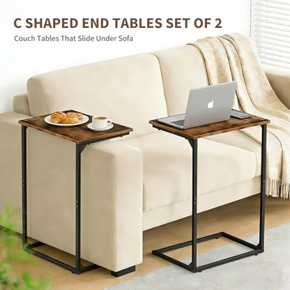 C Shaped End Tables Set of 2, Couch Tables that Slide Under Sofa, High Table TV Trays for Living Room & Bedroom, Modern Side Tables with Sturdy Metal Frame, Rustic Brown (Rustic Brown)