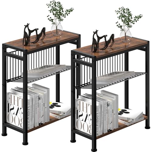 Side Table for Small Spaces, Set of 2 Narrow End Table with Magazine Holder, 2 in 1 Design Slim Side Table, Skinny Nightstand for Living Room Bedroom, Thin Side Magazine Table, Rustic Brown - color: Rustic Brown, size: 2-pcs