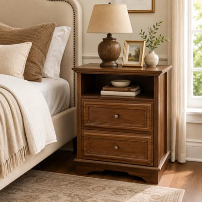 Brafab Bedside Table Set of 2 with Hidden Drawer, 25" Tall | Walnut Night Stand with 2 Drawers and Open Shelf, Classic Wood Night Stands with Secret Storage for Bedroom, Guest Room - color: Walnut