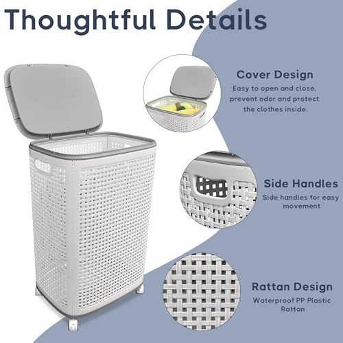 Sufdari 90L Laundry Basket with Wheels, Rolling Laundry Hamper with Lid and Handles, Plastic Rattan Clothes Organizer, Dirty Clothes Basket for Laundry Room, Bedroom, Dormitory Storage