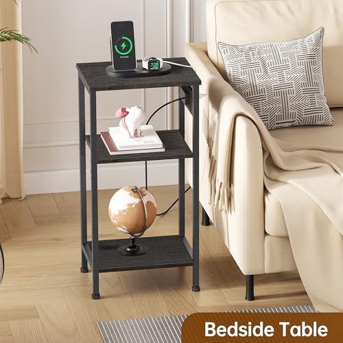 Asgolion Tall End Table with Charging Station, 3 Tier Narrow Beside Table with Adjustable Shelf, Tall Gray Side Table Nightstand for Bedroom, Living Room Coffe Table, Office, Charcoal Grey - color: Charcoal Grey, size: 14.8"D x 11"W x 30"H