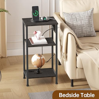 Asgolion Tall End Table with Charging Station, 3 Tier Narrow Beside Table with Adjustable Shelf, Tall Gray Side Table Nightstand for Bedroom, Living Room Coffe Table, Office, Charcoal Grey - color: Charcoal Grey, size: 14.8"D x 11"W x 30"H