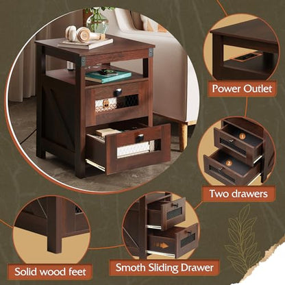WLIVE Nightstand with Charging Station, Farmhouse End Table, Bed Side Table with 2 Storage Drawers and Open Shelf, Wood Rustic Nightstands for Bedroom, Espresso | Charging Station(2AC+2USB), Farmhouse Design (Cut-out Grills)，Storage(2 Drawers +1 Shelf), E