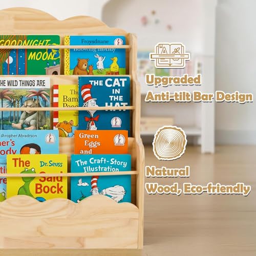 Amdermi 3-Tier Scalloped Montessori Bookshelf for Kids, Solid Wood Front-Facing Toddler Bookcase, Low Children’s Book Display Shelf for Nursery, Playroom, Classroom, Natura