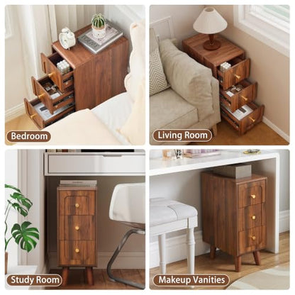 Small Nightstand Set of 2, Narrow Nightstand Slim Couch Side Table with Drawers, Wood End Tables with Storage for Living Room, Bedroom, Small Spaces (Walnut-2pcs) - color: 3drawers-walnut-2pcs