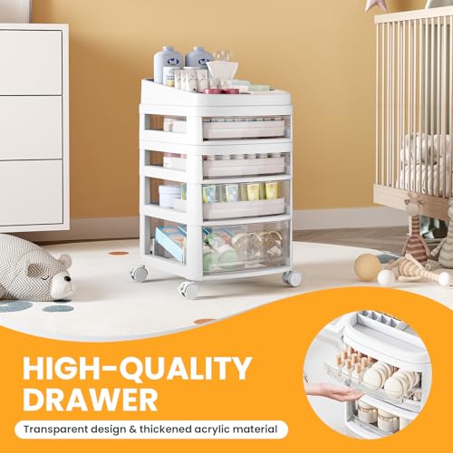 Rolling Cart with 4 Drawers, Clear Plastic Drawer Organizers, Dust Proof Under Desk Storage for Makeup, Skincare, Art Crafts and Baby Items, Acrylic Cosmetic Organizer with Dividers, Vanity Cart - size: 4 Tier