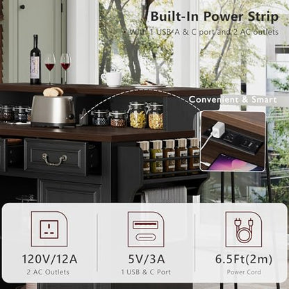 Merax 53.2" Two-Tier Kitchen Island with Storage, Farmhouse Kitchen Island with Power Outlet, 4 Door Shelves, Adjustable Shelves, 3 Drawers, Rolling Island Table, Bar Cabinet for Kitchen, Ash Black - color: Ash Black