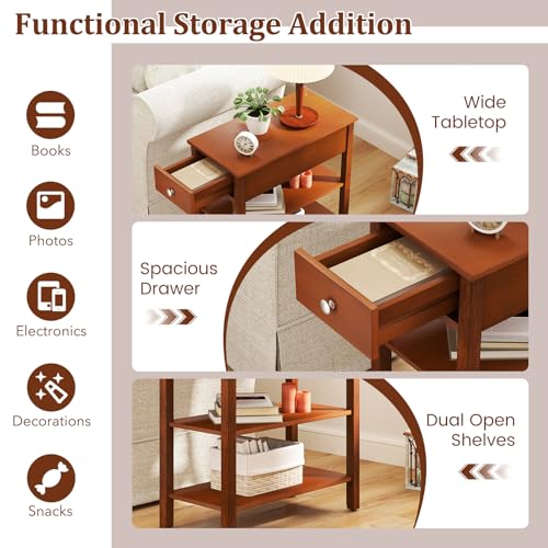 Giantex Narrow End Table Set of 2, Farmhouse Side Tables with Drawer & Storage Shelves, Wood Sofa Side Table, 3-Tier Night Stand for Small Space Living Room Bedroom, Brown - color: Brown