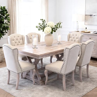 chairus Tufted Parsons Dining Chairs Set of 6, French Country Upholstered Dining Room Chairs with Nailhead Trim & Curved Wood Legs, Farmhouse High Back Armless Side Kitchen Chairs, Beige Linen - color: Beige