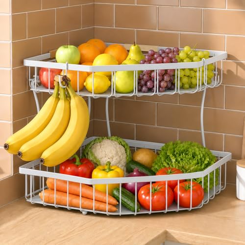 2 Tier Fruit Basket for Kitchen Counter with 2 Banana Hangers for Corner | Detachable Metal Fruit Bowl with Wooden Handle, Large Capacity Fruit Stand for Bread Fruit and Vegetable Storage, White - color: White, size: 2 Tier Standard