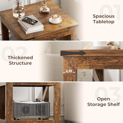 Homieasy End Table, 20x20 Inch Square Side Table for Living Room, Large Wood Accent Table with Storage Shelf, Modern Farmhouse Nightstand Bedside Table, Rustic Brown - color: Rustic Brown