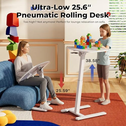 JOY worker Low Height Small Mobile Standing Desk, 90° Foldable Laptop Desk | Height Adjustable TV Tray Table, 21.65" White MDF Tilt Board, Portable Desk with Low Base & Hidden Wheels, Couch Sitting Use - color: White