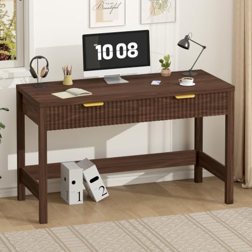 47 Inch Small Fluted Computer Desk with 2 Drawers for Bedroom, Home Office | Small Computer Desk with Storage, Compact Writing Study Desk for Small Spaces, Walnut - color: Walnut, size: 47-Inch Desk