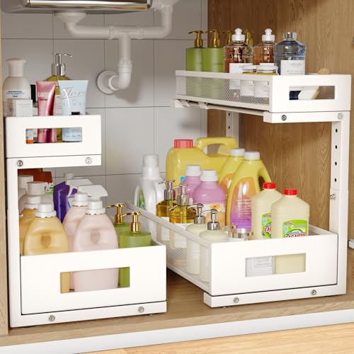 2 Pack 17IN Depth Under Sink Storage Organizer, Large 2-Tier Elegant Mesh Pull Out Shelf for Kitchen and Bathroom Cabinet Organization, L-Shaped and Adjustable Height Design-White - color: White, size: 2 Pack-17"Dx11.4"-16.14"H