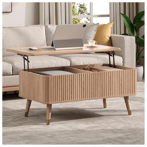 Lift Top Coffee Table with Storage, Mid Century Modern Coffee Table with Solid Wood Legs, 38" Minimalist Fluted Center Table for Living Room, Home Office, Natural Oak - color: Oak, size: Rectangular