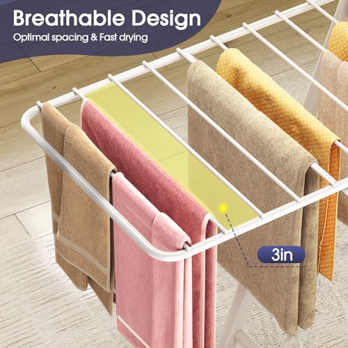 Clothes Drying Rack, 67.7" L Height Adjustable, Foldable, White | 1.5"Folded, No Assembly, Space-Saving, Spacious Design, Adjustable Wings, Clips, Mesh Shelf, Shoe Rack, Indoor & Outdoor Use - color: White