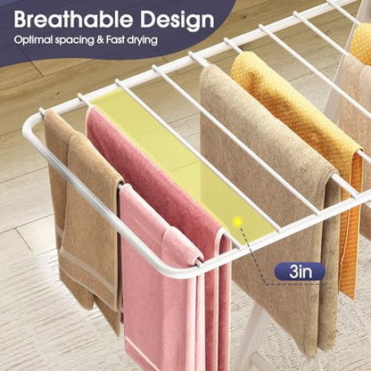 Clothes Drying Rack, 67.7" L Height Adjustable, Foldable, White | 1.5"Folded, No Assembly, Space-Saving, Spacious Design, Adjustable Wings, Clips, Mesh Shelf, Shoe Rack, Indoor & Outdoor Use - color: White
