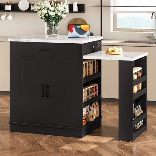 Gecheer Extendable Kitchen Island with Drawers, Double-Door Cabinets & Open Shelving – Black, 80.7" L x 33.4" W x 35.3" H – Multi-Functional Dining Table, Breakfast Bar & Tea Station