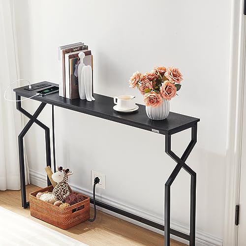 MAHANCRIS 44.9" Sofa Table, 9.4" Narrow Console Table with Charging Station, Couch Table Behind Sofa with Outlet, Entryway Table with Display Shelf, Living Room, Black CTHB113E01 - color: Black