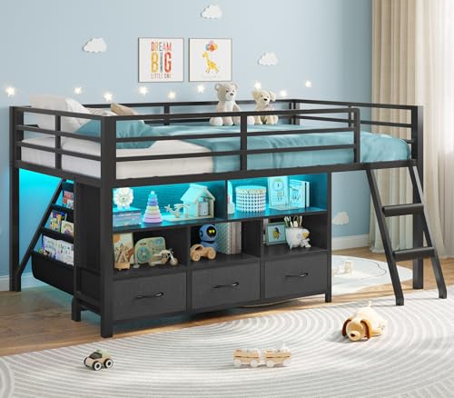BTHFST Low Loft Bed Twin Size with 3 Storage Drawers, 3-Tier Kids Bookshelf, 5 Open Cubbies and 2 LED Lights Strips, Metal Kids Loft Bed with High Safety Guardrail, Inclined Ladder and Play Area - color: Black