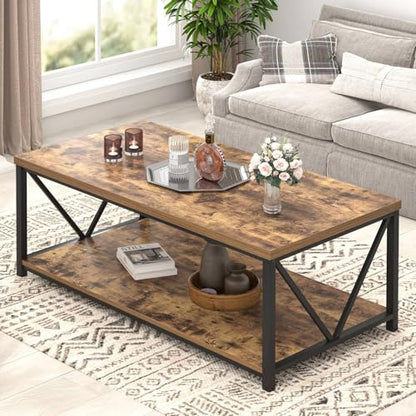 EXCEFUR Modern Coffee Table, Rustic Wood and Metal Living Room Table with Storage Shelf, Industrial Rectangle Center Table, 47 Inch Brown - color: Rustic Brown, size: 47 inch