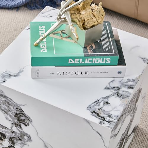 15.7" H Square Compact Coffee Table,Small Cube End Table,Modern Side Table with Stylish Faux Marble Pattern,Minimalist Accent Table for Living Room,Office,Apartment,Nightstand(White,15.7") - color: White,15.7"h
