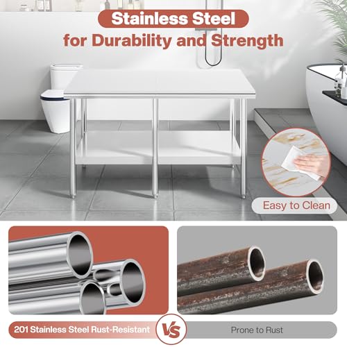 Jocisland 30" x 60" Stainless Steel Table for Prep & Work, Food-Grade Stainless Steel Adjustable Under Shelf and Feet, for Commercial Kitchen, Restaurant, Hotel, Garage - size: 30x60 in, style: Rounded Table Corner