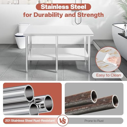 Jocisland 30" x 60" Stainless Steel Table for Prep & Work, Food-Grade Stainless Steel Adjustable Under Shelf and Feet, for Commercial Kitchen, Restaurant, Hotel, Garage - size: 30x60 in, style: Rounded Table Corner